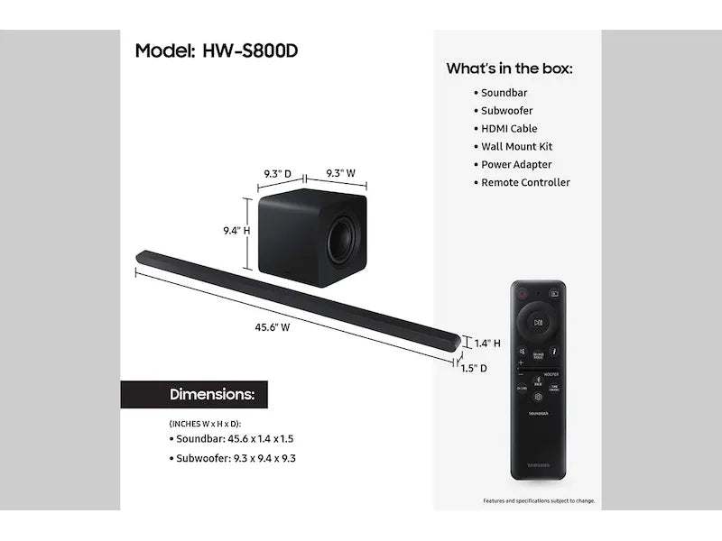 Samsung S-Series Ultra Slim Soundbar | 3.1.2ch | Wireless Subwoofer | Dolby Atmos - HW-S800D