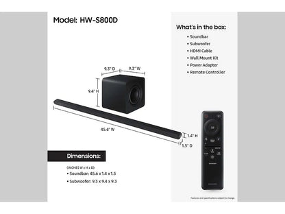 Samsung S-Series Ultra Slim Soundbar | 3.1.2ch | Wireless Subwoofer | Dolby Atmos - HW-S800D